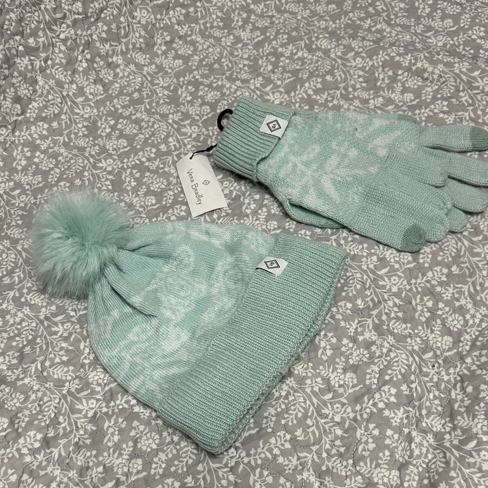Vera Bradley Light Aqua Pom Beanie & Glove Set